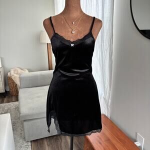 Black Velvet Slip Dress Mini Spaghetti Strap Butterfly Charm Lace Trim Size M